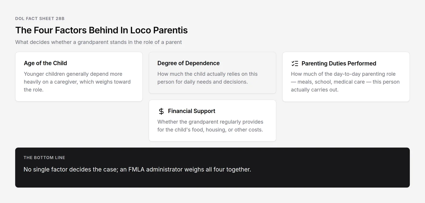 The four factors the Department of Labor uses to decide whether a grandparent stands in loco parentis to a grandchild.